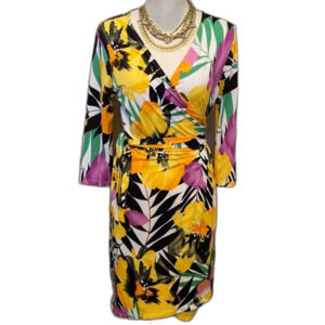 Ovi Tropical Floral Jersey Wrap Dress V-Neck Tie Waist 3/4 Sleeve Size Large